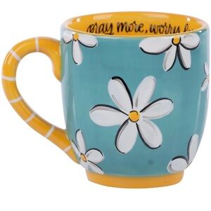 Glory Haus Pray More Floral Daisy Ceramic Coffee Mug - Turquoise and Yellow
